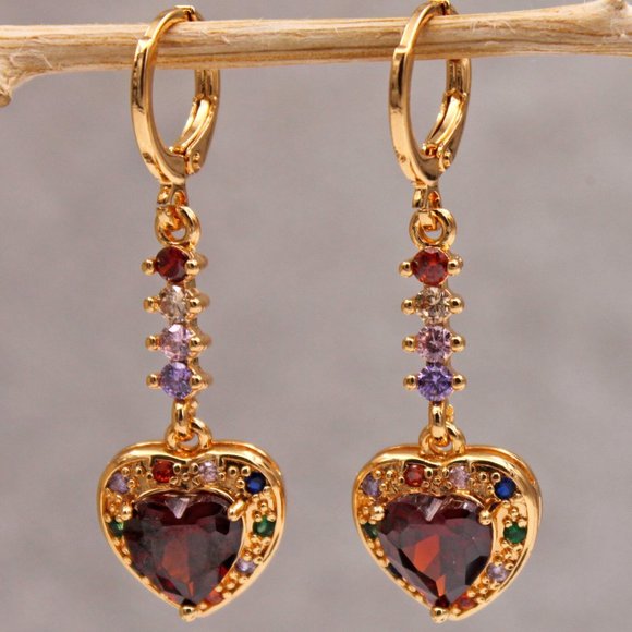 18K Yellow Gold Filled Luxury Garnet Red Heart Diamond Zircon Dangle Earrings - Picture 8 of 8